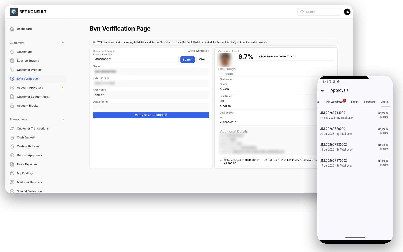 BVN verification with match scoring, approvals from the phone