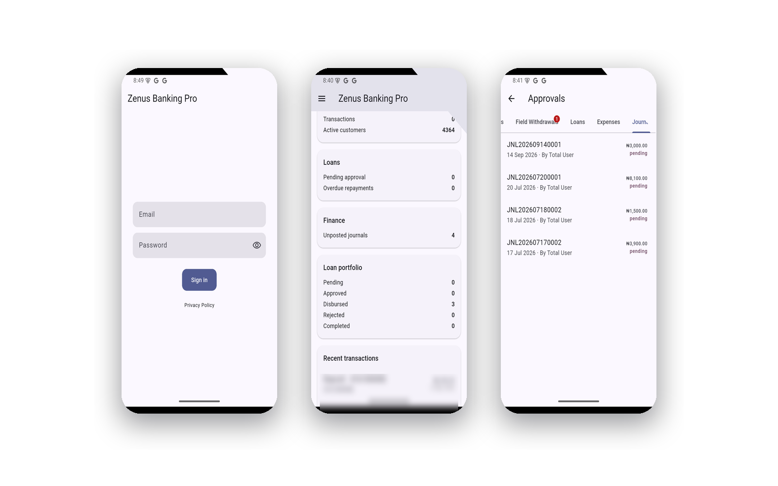 The field-officer app: sign in, dashboard, approvals