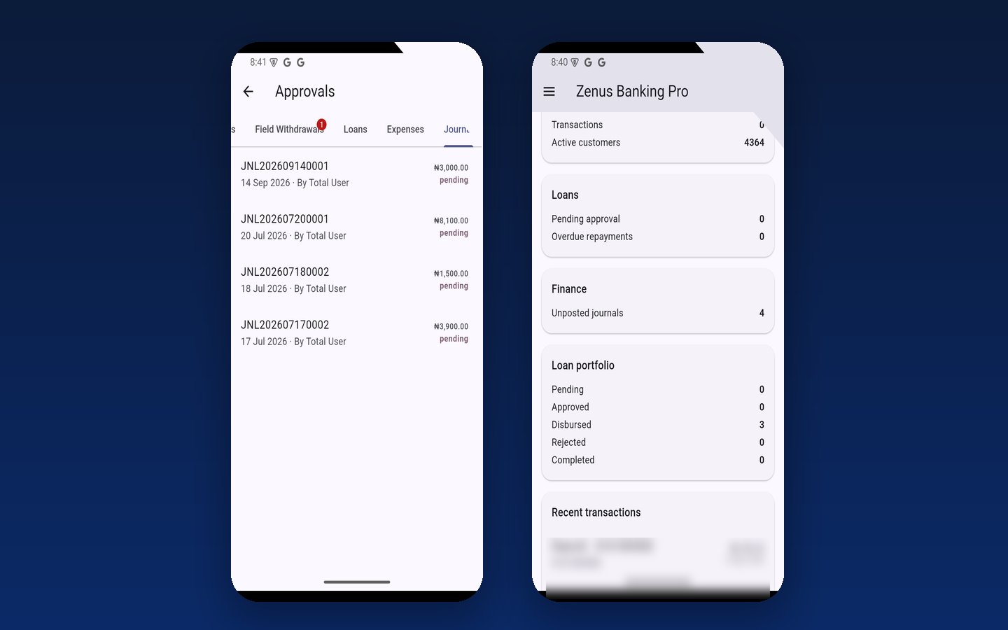 Approvals and dashboard screens of the Zenus field-officer Android app