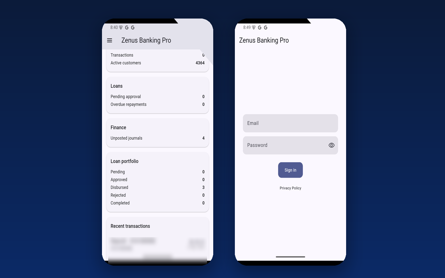 The Zenus field-officer Android app: dashboard and sign-in screens